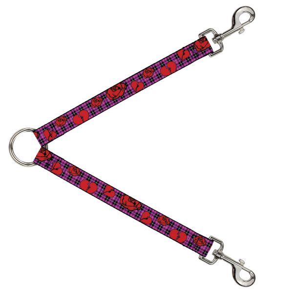 Dog Leash Splitter - Broken Hearts & Roses w Fuchsia Plaid Cheap