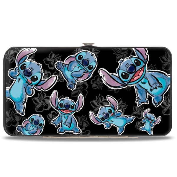 Hinged Wallet - Stitch 3-Poses Scattered Hibiscus Sketch Black Grays on Sale